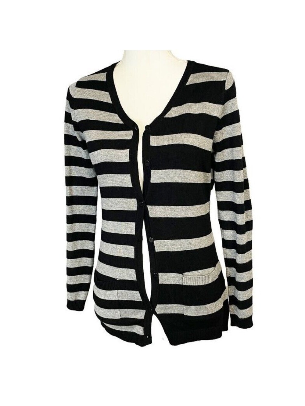 Vila Milano Womens Black Grey Striped V-Neck Button Cardigan Sweater Size S
